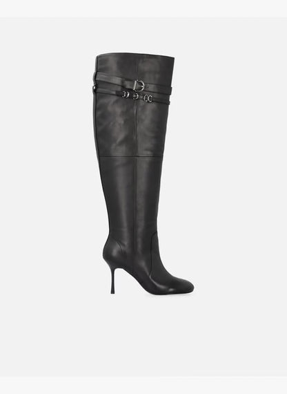 Knee-high leather nappa boots with heel and strap - Black
