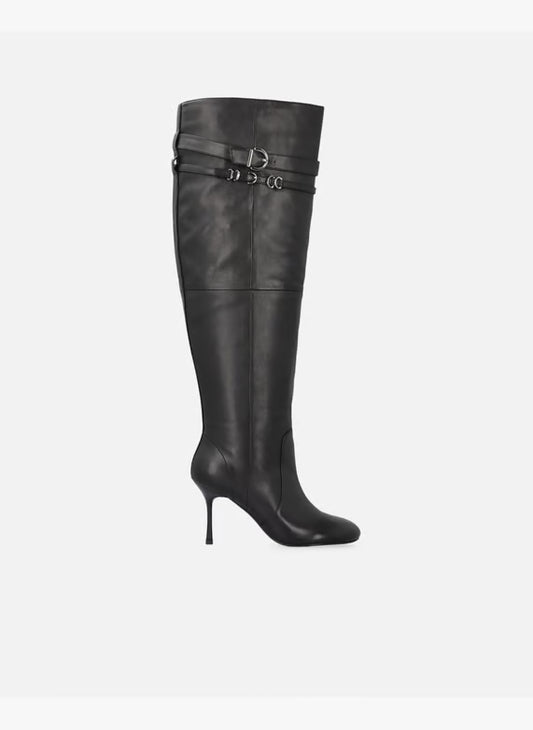 Knee-high leather nappa boots with heel and strap - Black
