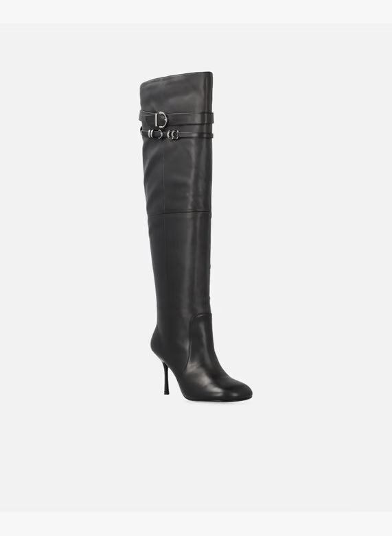 Knee-high leather nappa boots with heel and strap - Black