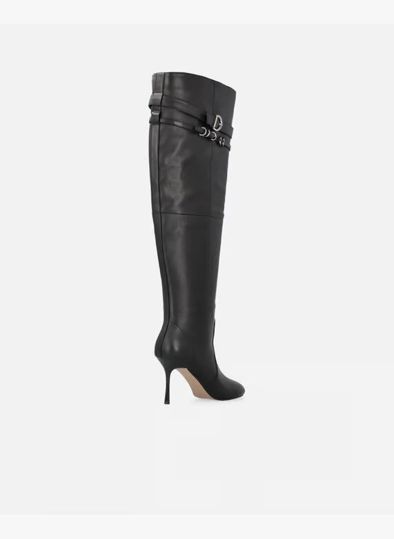 Knee-high leather nappa boots with heel and strap - Black