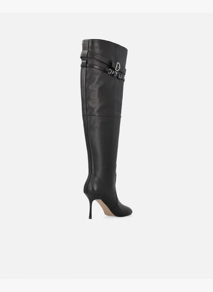 Knee-high leather nappa boots with heel and strap - Black