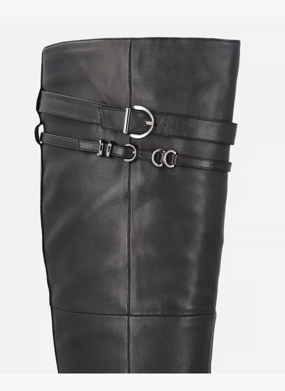 Knee-high leather nappa boots with heel and strap - Black