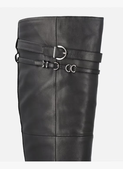 Knee-high leather nappa boots with heel and strap - Black